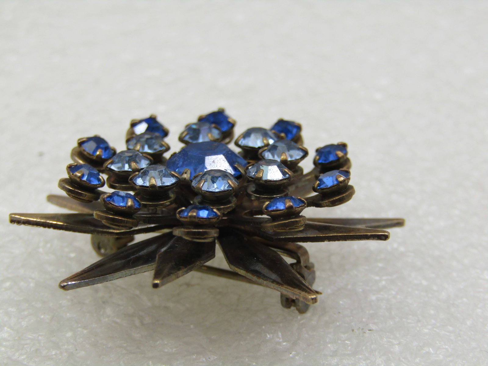 Vintage Shades of Blue Rhinestone Starburst Brooch, 1-5/8" - 3