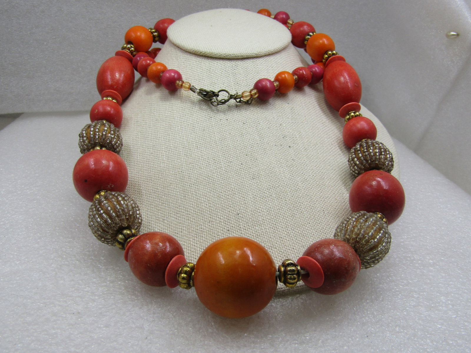 Vintage Orange, Gold, Clear Beaded Necklace, 36", 1980's - 2