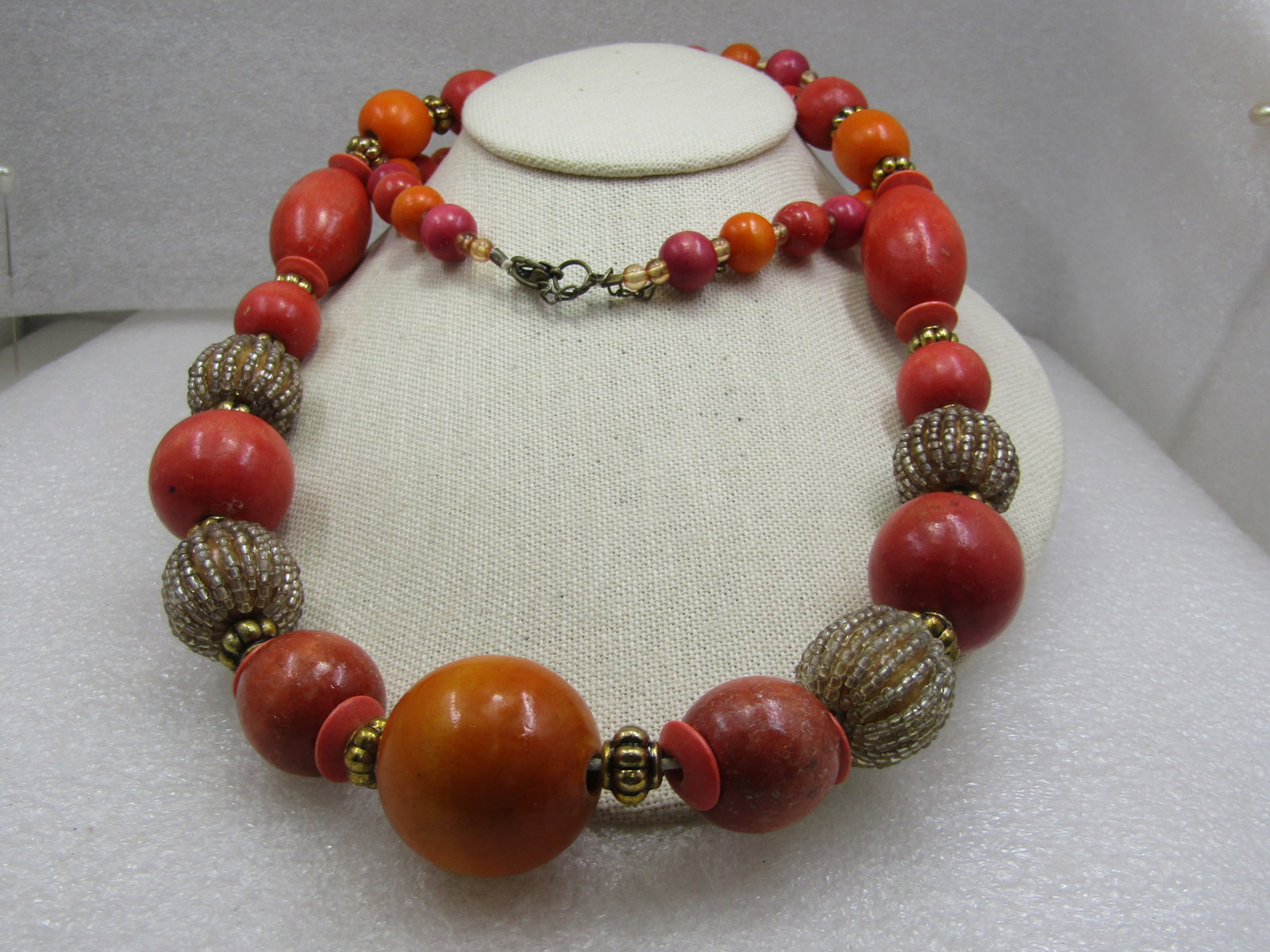 Vintage Orange, Gold, Clear Beaded Necklace, 36", 1980's - 3