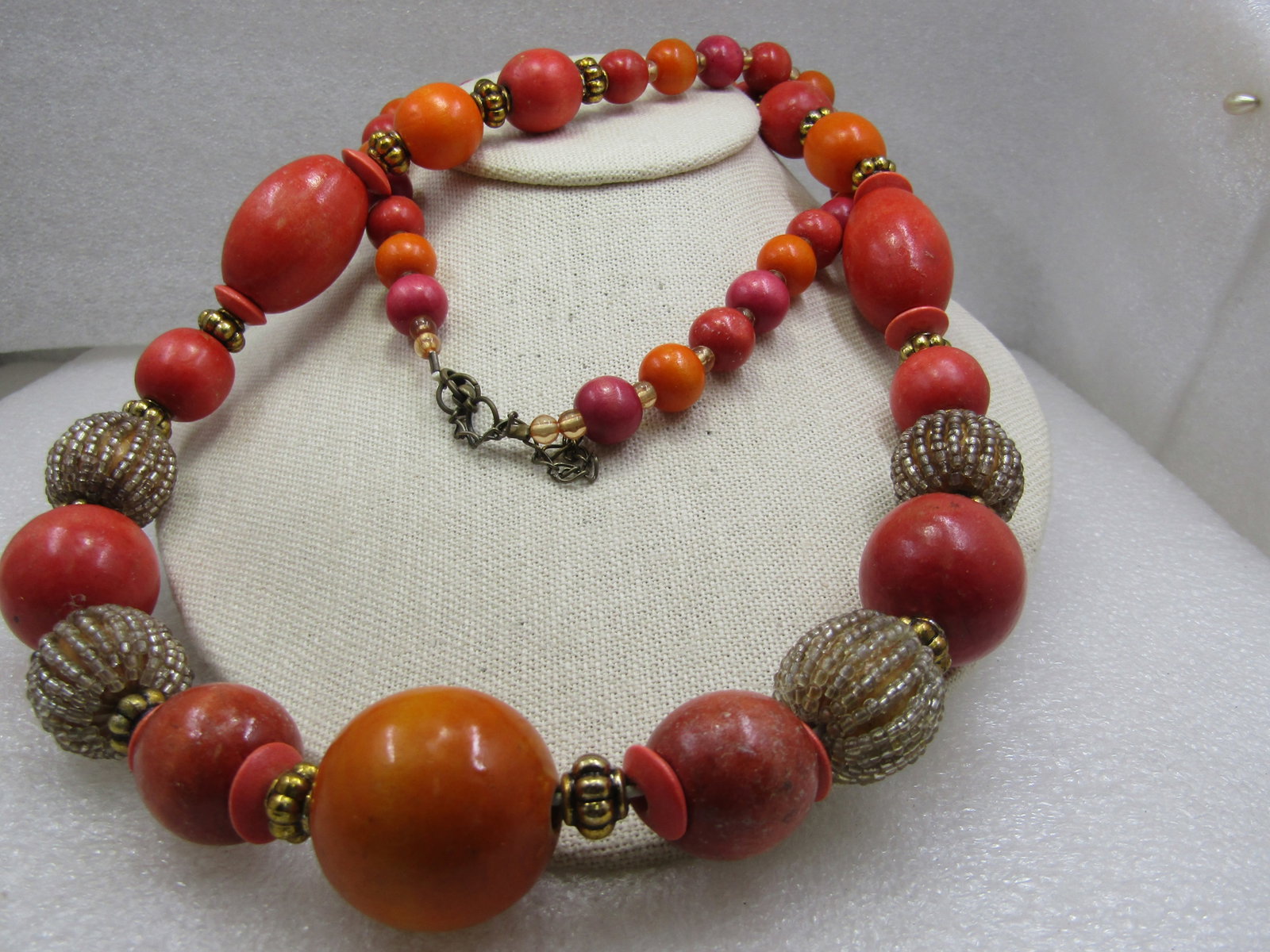 Vintage Orange, Gold, Clear Beaded Necklace, 36", 1980's - 4