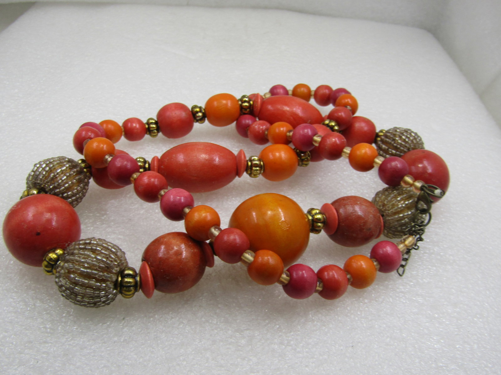 Vintage Orange, Gold, Clear Beaded Necklace, 36", 1980's - 5