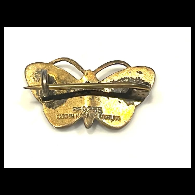 Vintage Enamel Gold Wash Sterling Silver Butterfuly BroochSigned Norway - 3