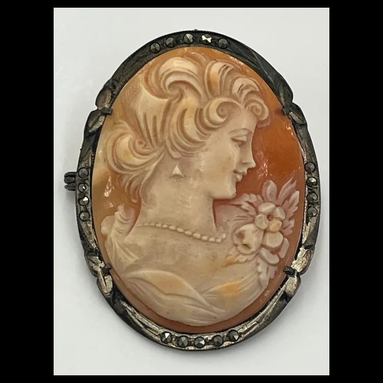 Large Vintage Silver and Marcasite Cameo Brooch/Pendant 800 Silver/ MarcasiteWeighs 8.4 - 2