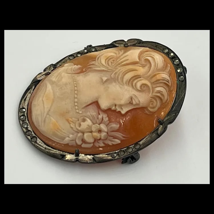 Large Vintage Silver and Marcasite Cameo Brooch/Pendant 800 Silver/ MarcasiteWeighs 8.4 - 3