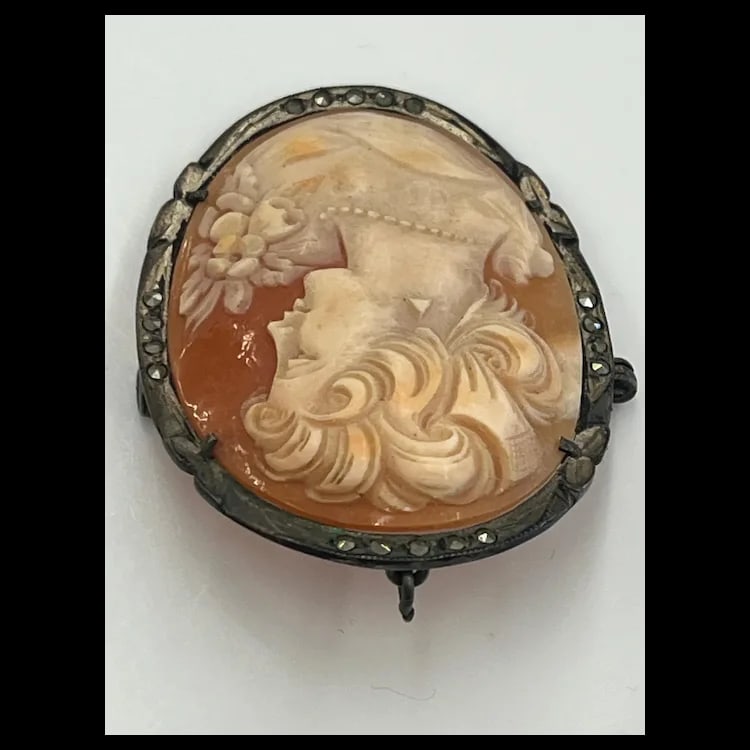 Large Vintage Silver and Marcasite Cameo Brooch/Pendant 800 Silver/ MarcasiteWeighs 8.4 - 4