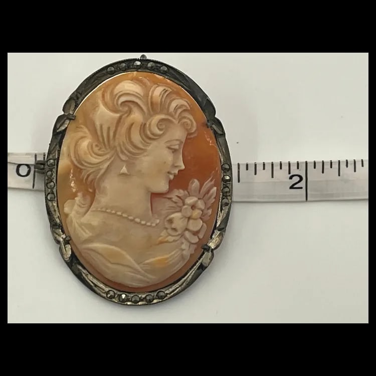 Large Vintage Silver and Marcasite Cameo Brooch/Pendant 800 Silver/ MarcasiteWeighs 8.4 - 7