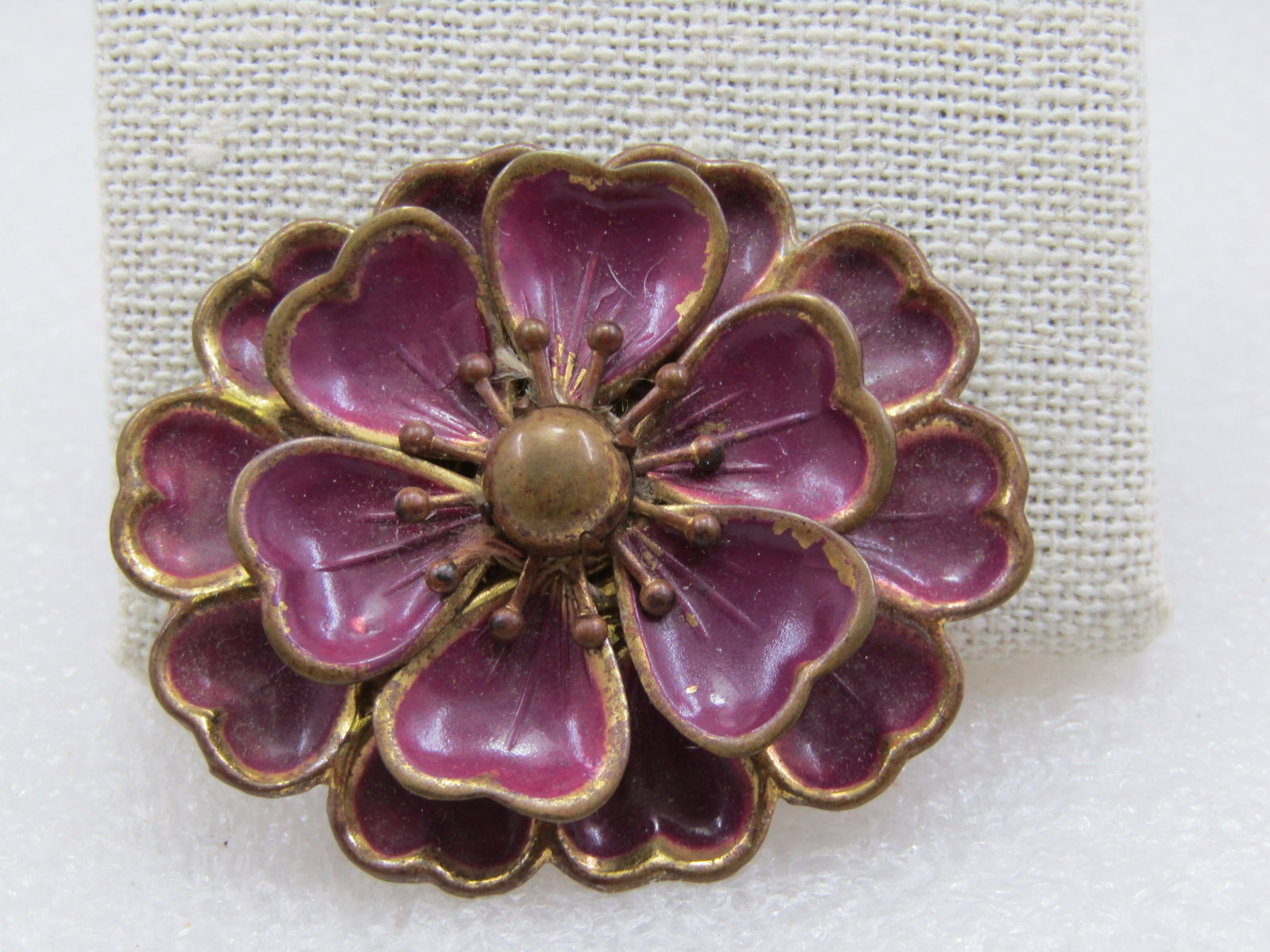 Victorian Purple Tiered Flower Brooch, Brass Setting, C-Clasp, 1800's - 3