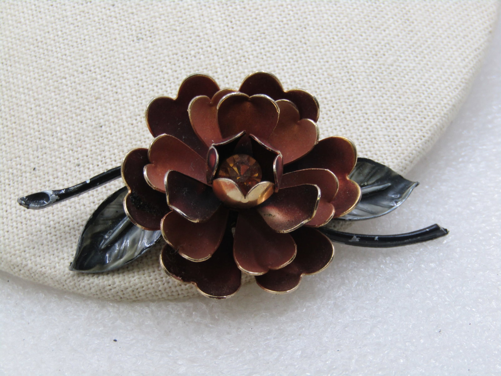Vintage Coro Enameled Floral Brooch with Rhinestone, 3", 1940's - 3