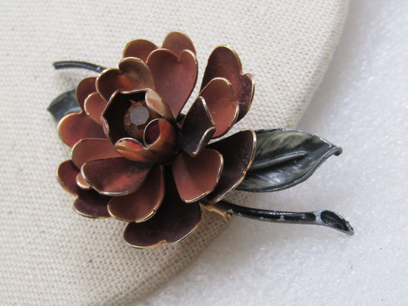 Vintage Coro Enameled Floral Brooch with Rhinestone, 3", 1940's - 4