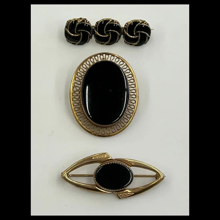 Vintage Lot of 12k Gold Filled Onyx and Enamel Brooches As pictured top to bottom:Sterling Denmark - 2