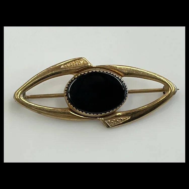 Vintage Lot of 12k Gold Filled Onyx and Enamel Brooches As pictured top to bottom:Sterling Denmark - 5