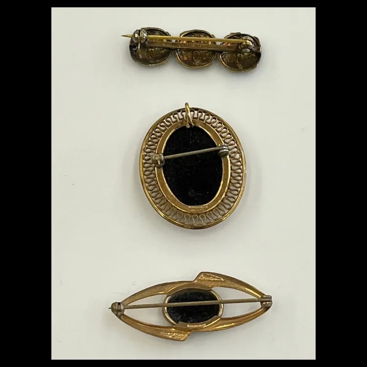 Vintage Lot of 12k Gold Filled Onyx and Enamel Brooches As pictured top to bottom:Sterling Denmark - 6