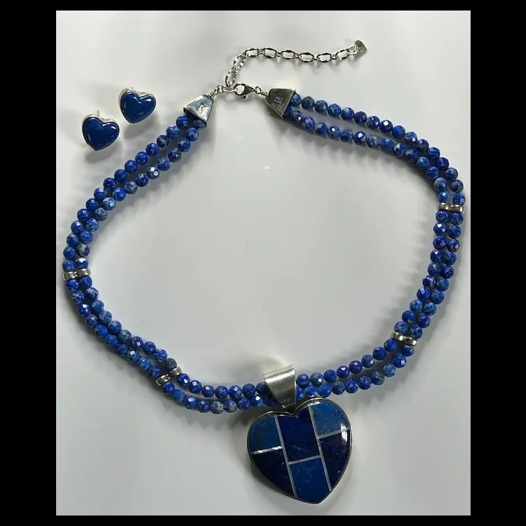 Vintage DTR Jay King Sterling Silver Lapis Lazuli Heart Pendant and Earring SetLapis - 2