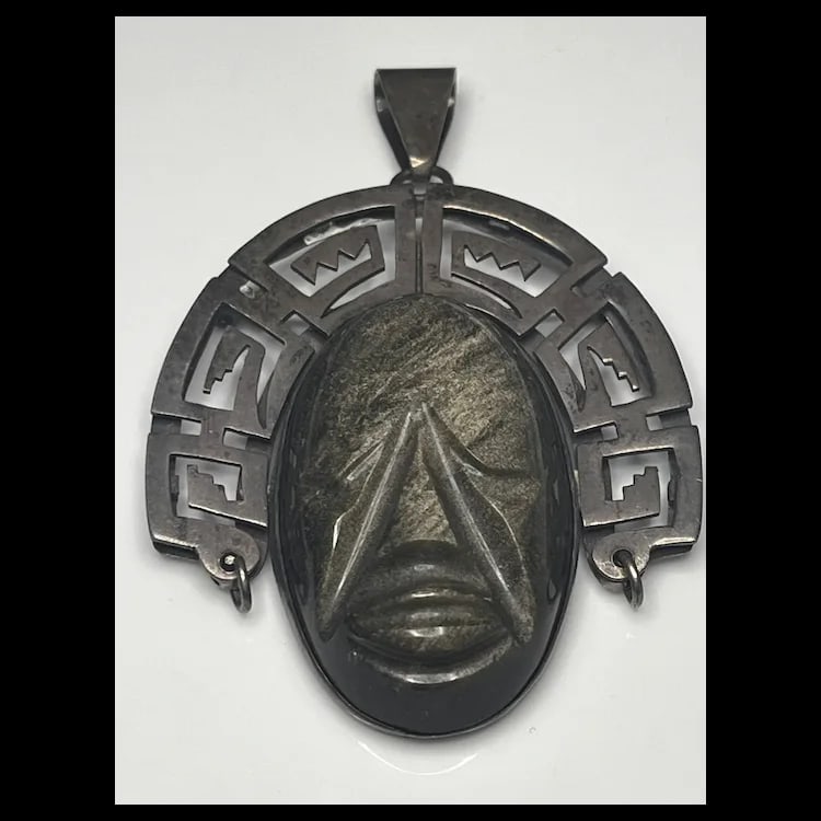 Large Vintage TAXCO 980 Sterling Silver and Carved Stone Brooch/PinWeighs 51 gramsMeasures 2.75 x - 2