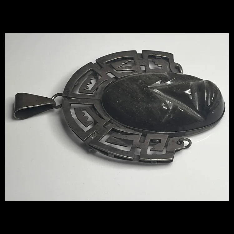 Large Vintage TAXCO 980 Sterling Silver and Carved Stone Brooch/PinWeighs 51 gramsMeasures 2.75 x - 5