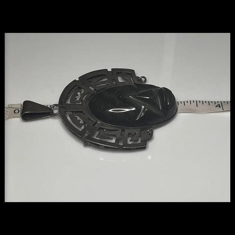 Large Vintage TAXCO 980 Sterling Silver and Carved Stone Brooch/PinWeighs 51 gramsMeasures 2.75 x - 7
