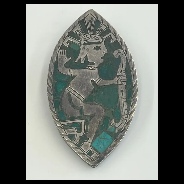 Vintage Sterling Turquoise Inlay Brooch/PendantSterling SilverWeighs 19.7 gramsMeasures 2.75 x 1.5 - 2