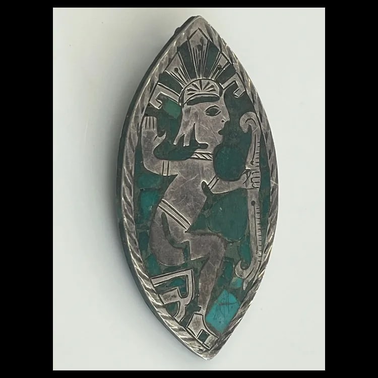 Vintage Sterling Turquoise Inlay Brooch/PendantSterling SilverWeighs 19.7 gramsMeasures 2.75 x 1.5 - 3
