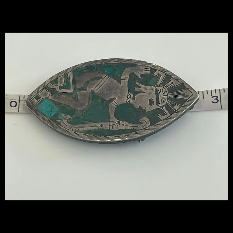 Vintage Sterling Turquoise Inlay Brooch/PendantSterling SilverWeighs 19.7 gramsMeasures 2.75 x 1.5 - 6