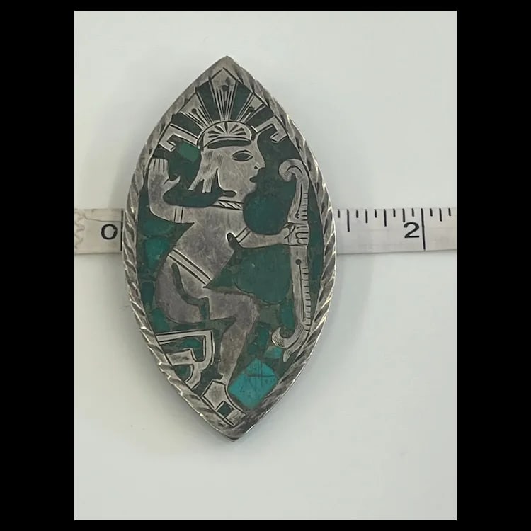 Vintage Sterling Turquoise Inlay Brooch/PendantSterling SilverWeighs 19.7 gramsMeasures 2.75 x 1.5 - 7