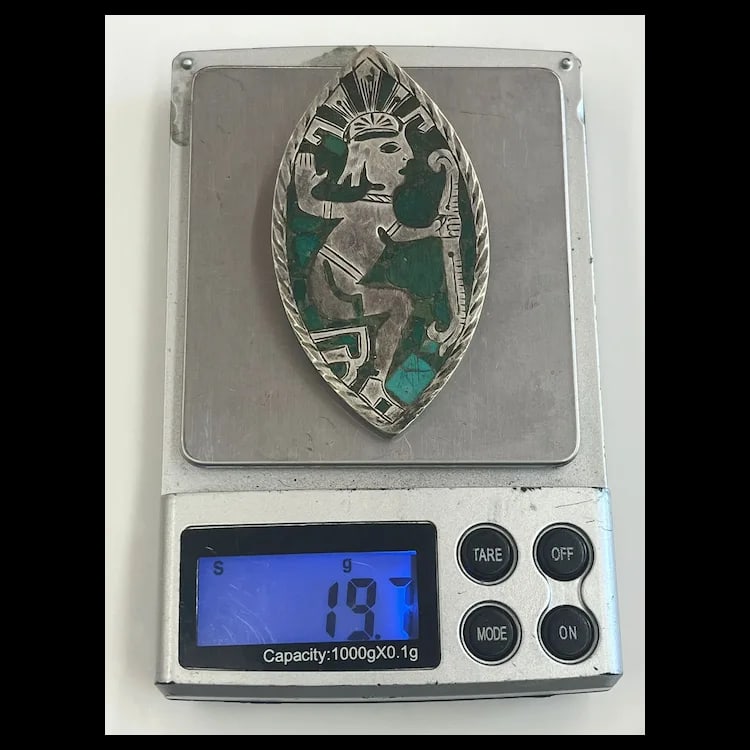 Vintage Sterling Turquoise Inlay Brooch/PendantSterling SilverWeighs 19.7 gramsMeasures 2.75 x 1.5 - 8