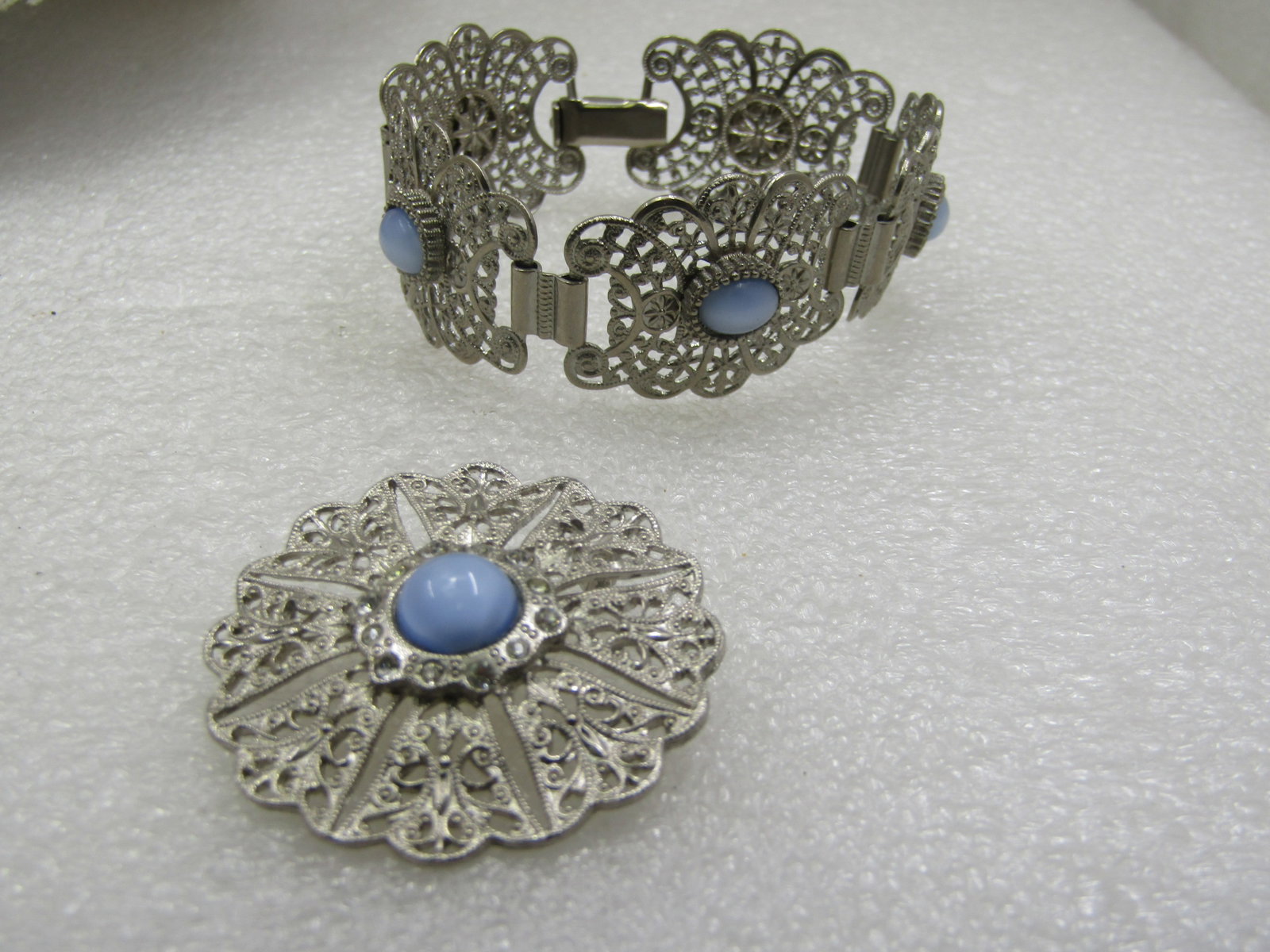 Vintage Filigree Blue Moonstone Bracelet & Brooch, 7", Silver Tone, Mid-Century - 2