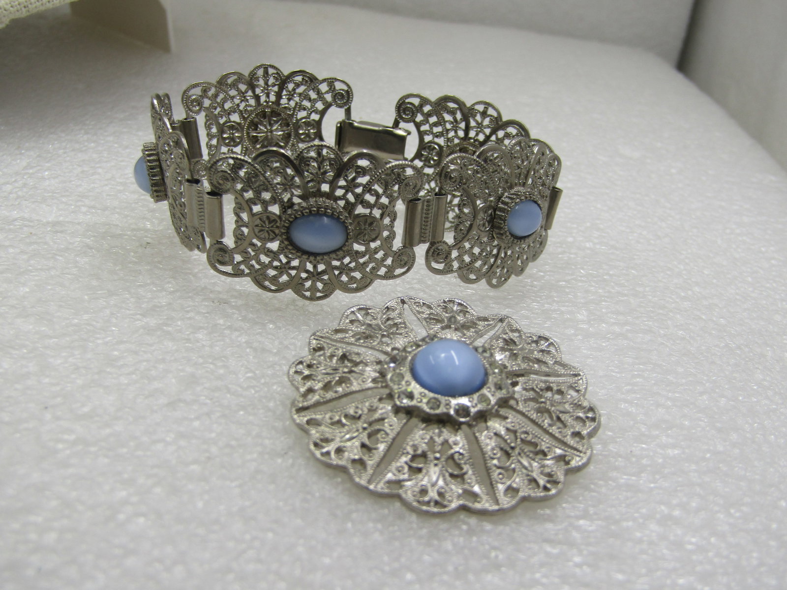 Vintage Filigree Blue Moonstone Bracelet & Brooch, 7", Silver Tone, Mid-Century - 3
