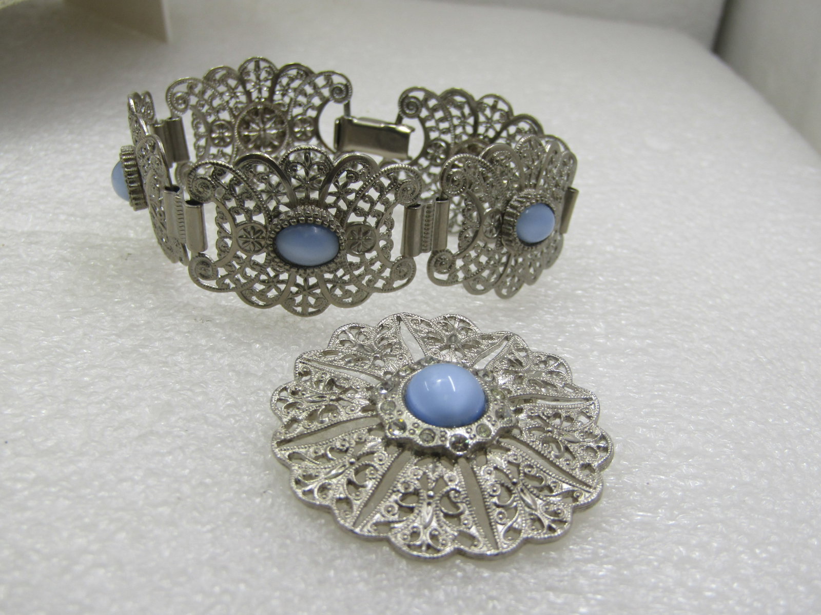 Vintage Filigree Blue Moonstone Bracelet & Brooch, 7", Silver Tone, Mid-Century - 4