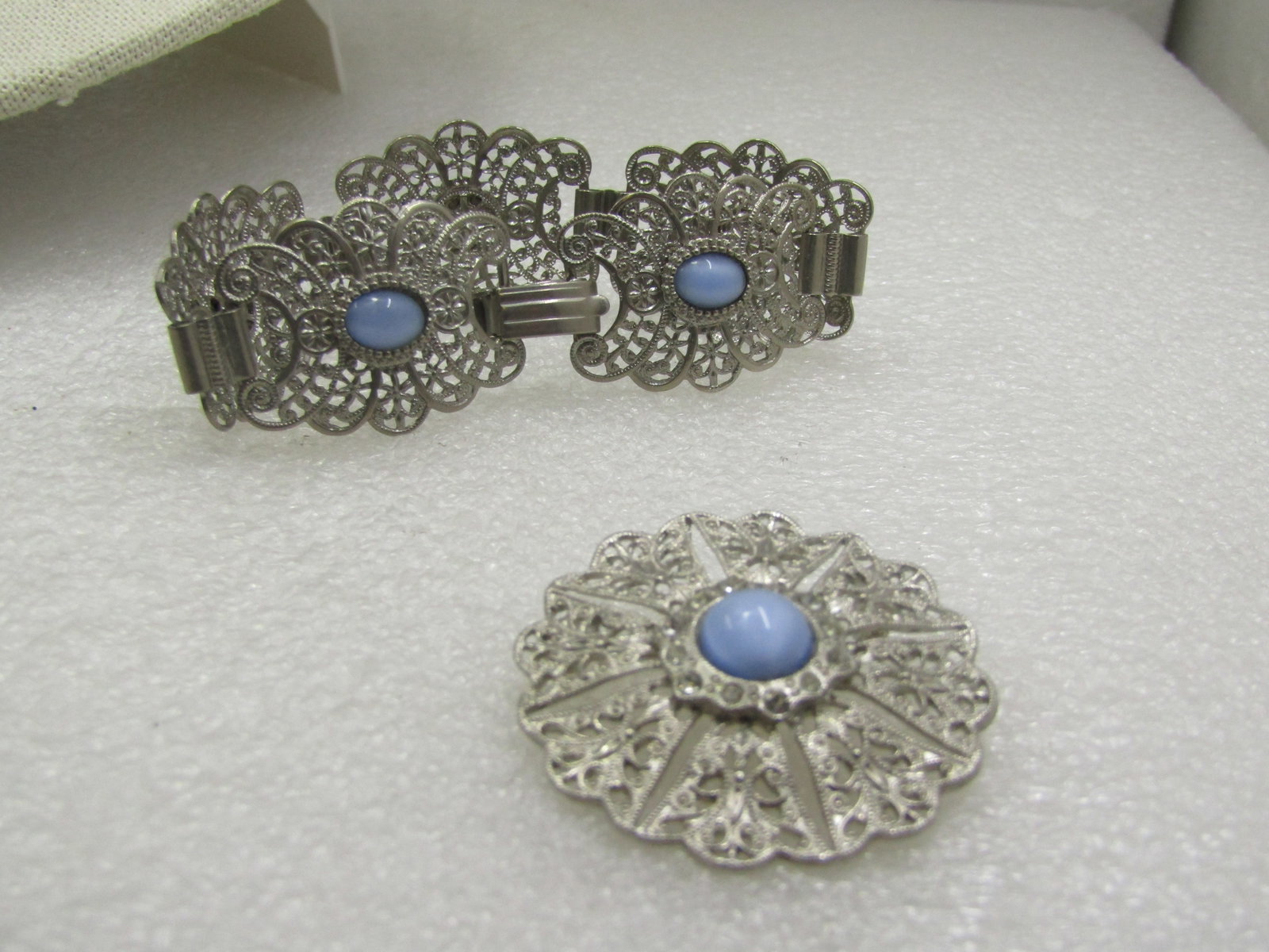 Vintage Filigree Blue Moonstone Bracelet & Brooch, 7", Silver Tone, Mid-Century - 5