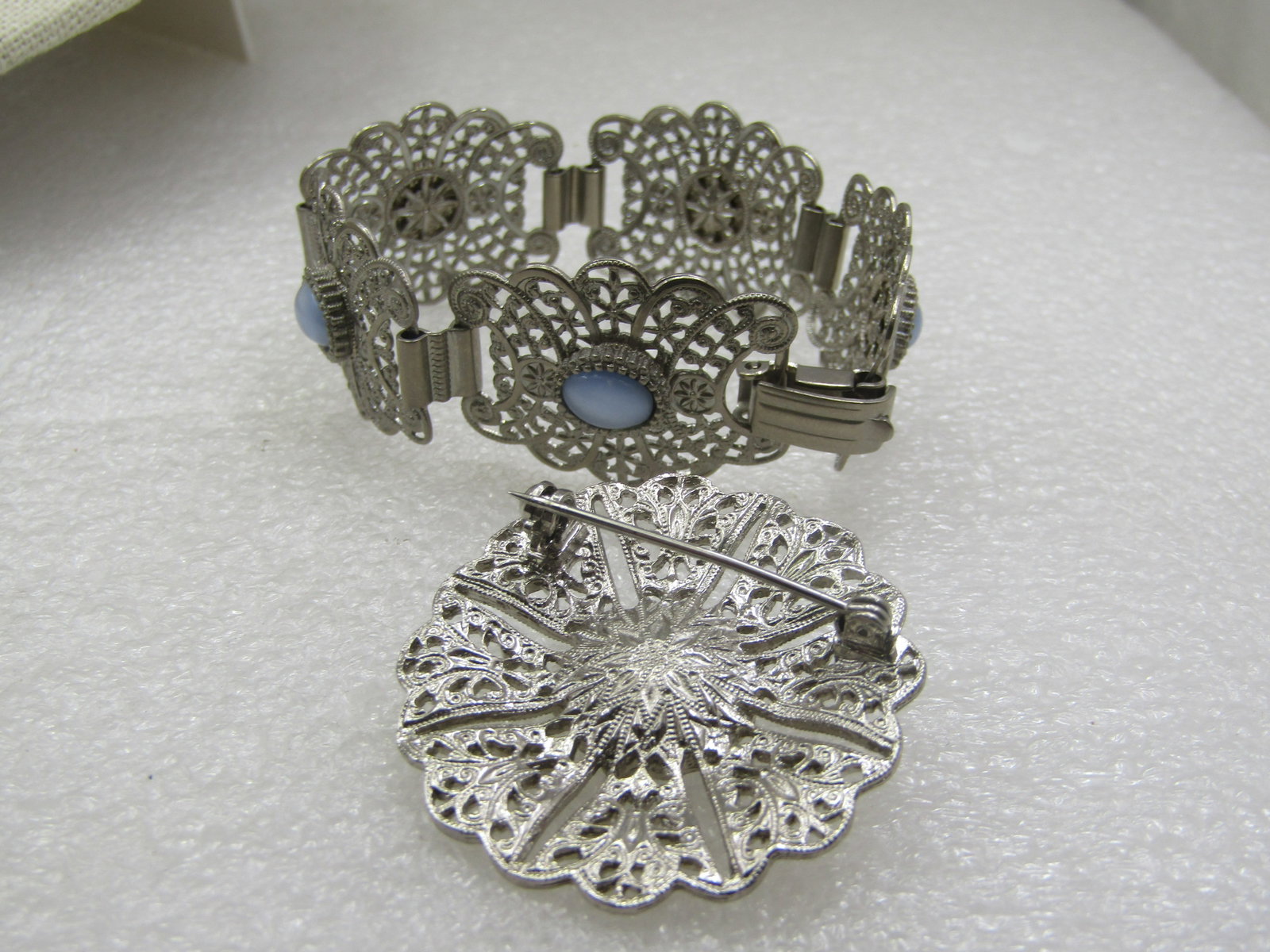 Vintage Filigree Blue Moonstone Bracelet & Brooch, 7", Silver Tone, Mid-Century - 6