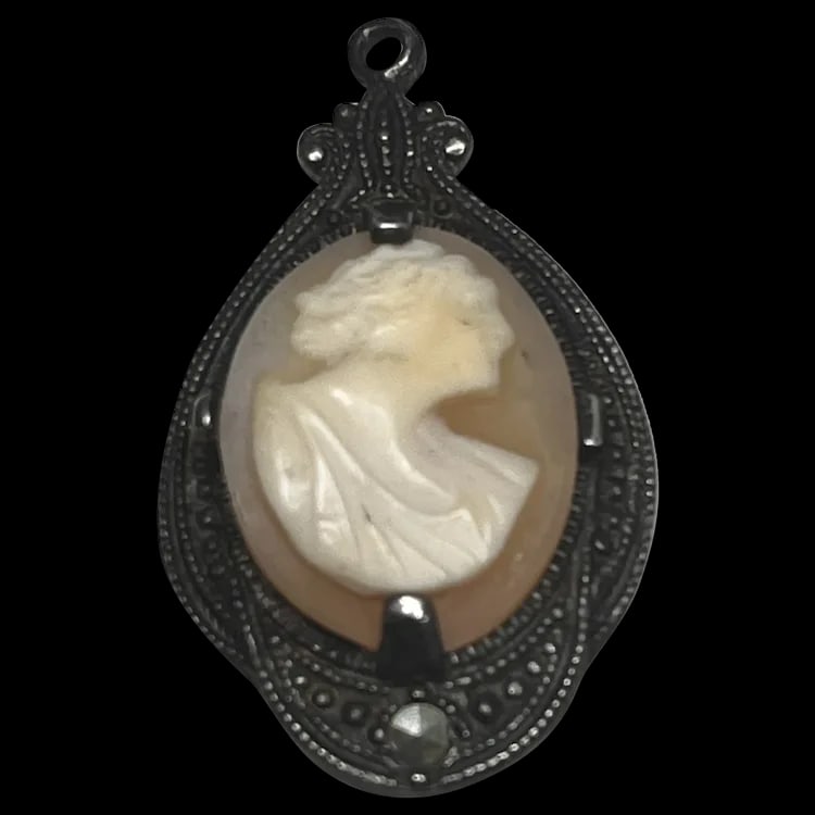 Vintage Sterling Carved Shell Cameo and Marcasite PendantWeight - 2.9 Grams1 x 1.5 Inches (1 of 8)