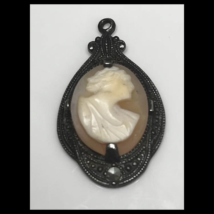 Vintage Sterling Carved Shell Cameo and Marcasite PendantWeight - 2.9 Grams1 x 1.5 Inches - 2