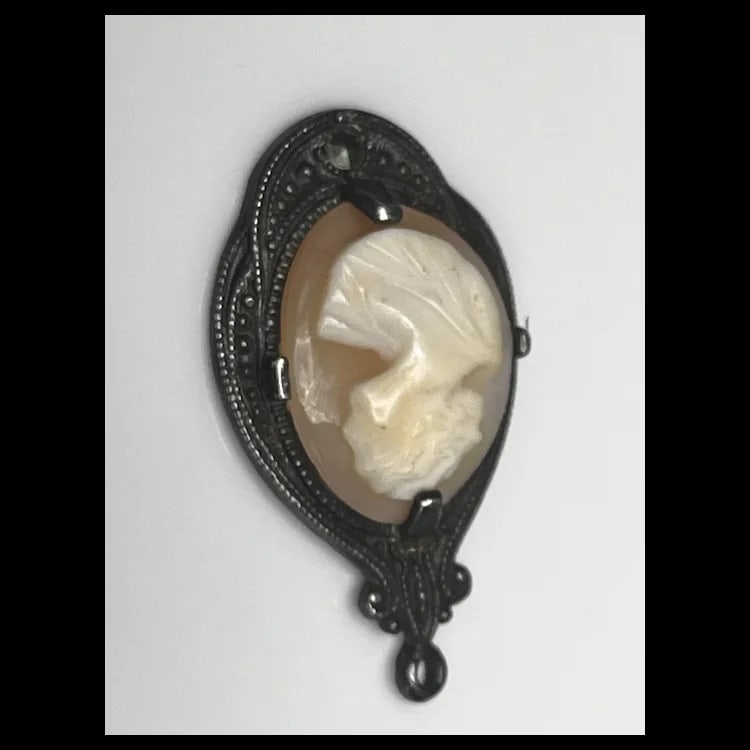 Vintage Sterling Carved Shell Cameo and Marcasite PendantWeight - 2.9 Grams1 x 1.5 Inches - 3