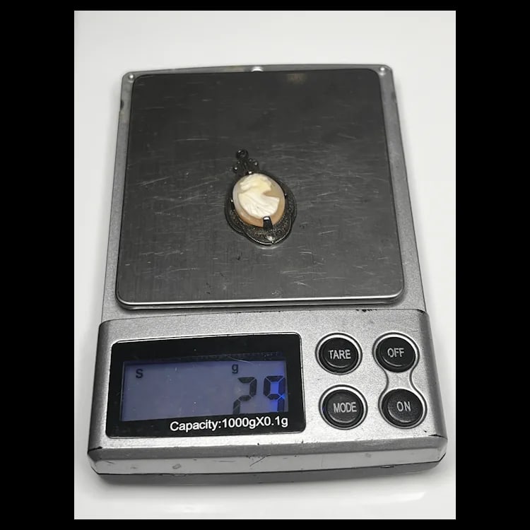 Vintage Sterling Carved Shell Cameo and Marcasite PendantWeight - 2.9 Grams1 x 1.5 Inches - 7