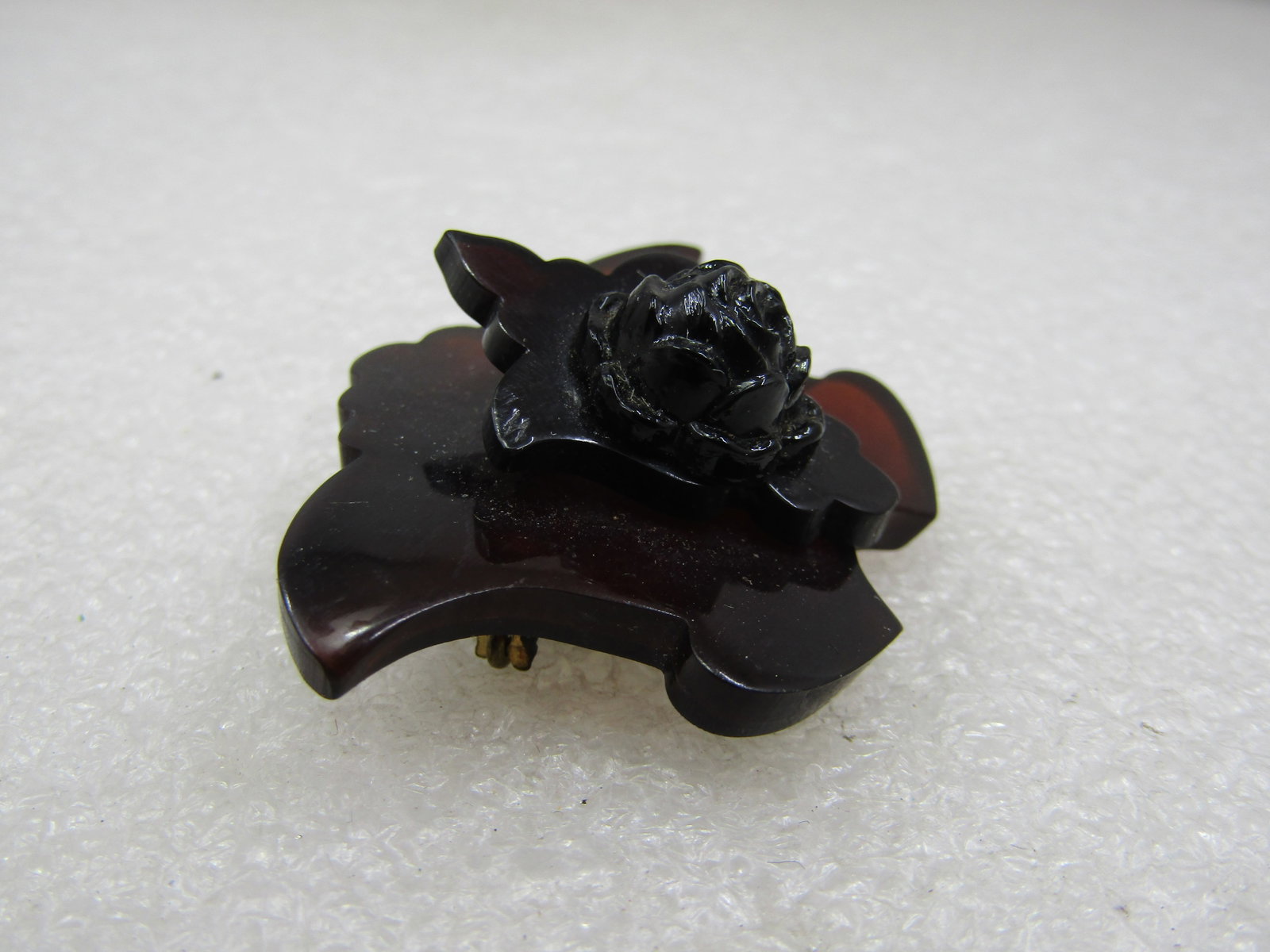 Vintage Faux Tortoiseshell Tiered Brooch with Rose, C-Clasp, 1.75" - 5