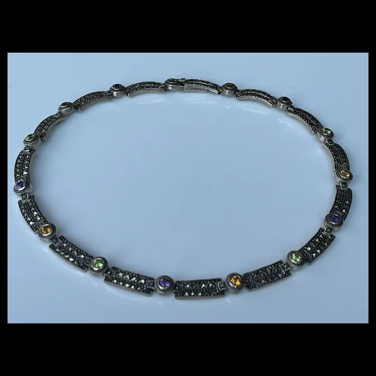 Estate Sterling Silver Marcasite and Gemstone NecklaceSterling Silver, Semi- Precious Gemstones 925 - 2