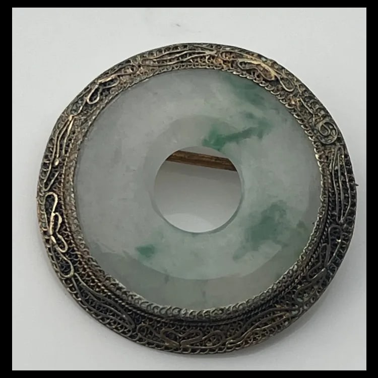 Vintage Lucky Jade and Sterling Silver China BroochSterling Silver/ JadeWeighs 6.1 gramsMeasures - 2