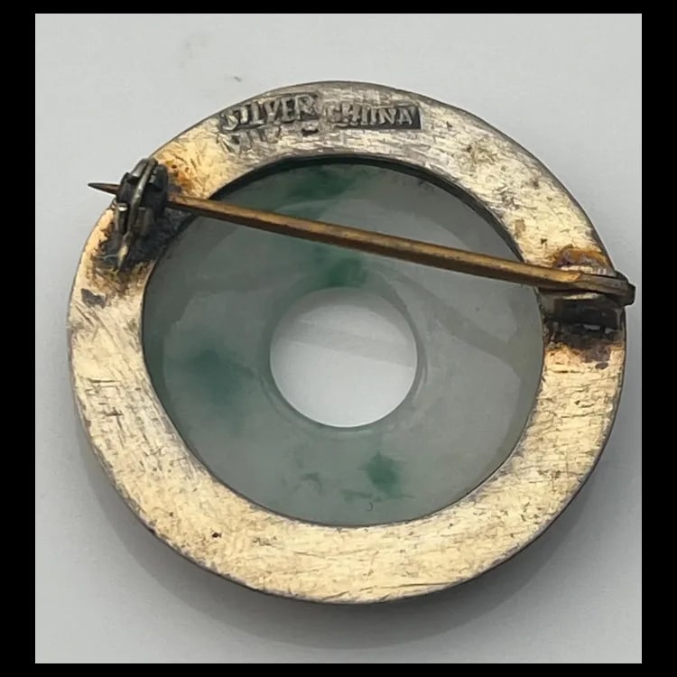 Vintage Lucky Jade and Sterling Silver China BroochSterling Silver/ JadeWeighs 6.1 gramsMeasures - 3