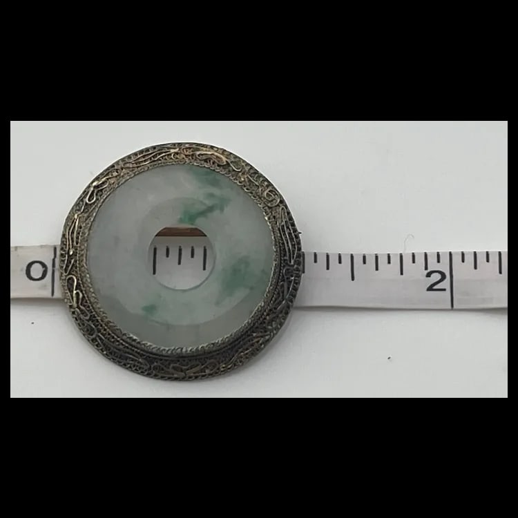 Vintage Lucky Jade and Sterling Silver China BroochSterling Silver/ JadeWeighs 6.1 gramsMeasures - 4