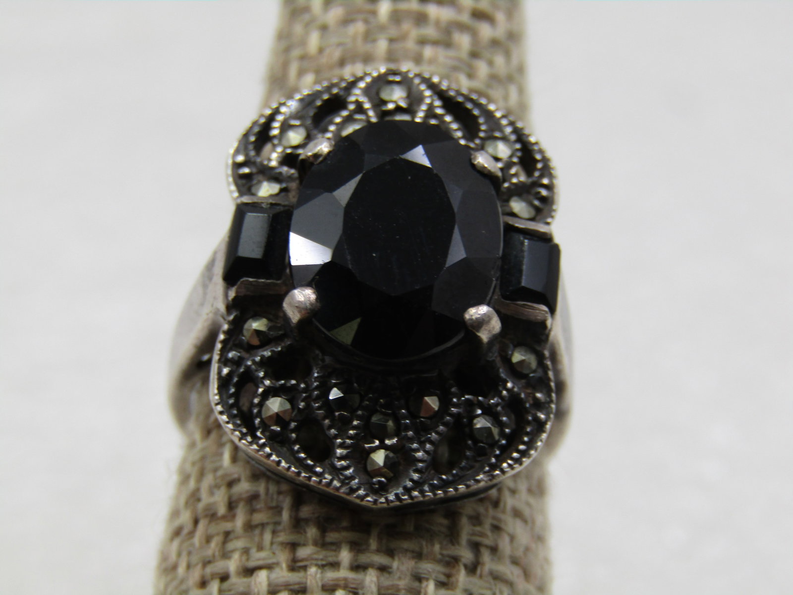 Vintage Sterling Marcasite & Onyx Ring. Sz. 8, Over 3 CTW (1 of 6)