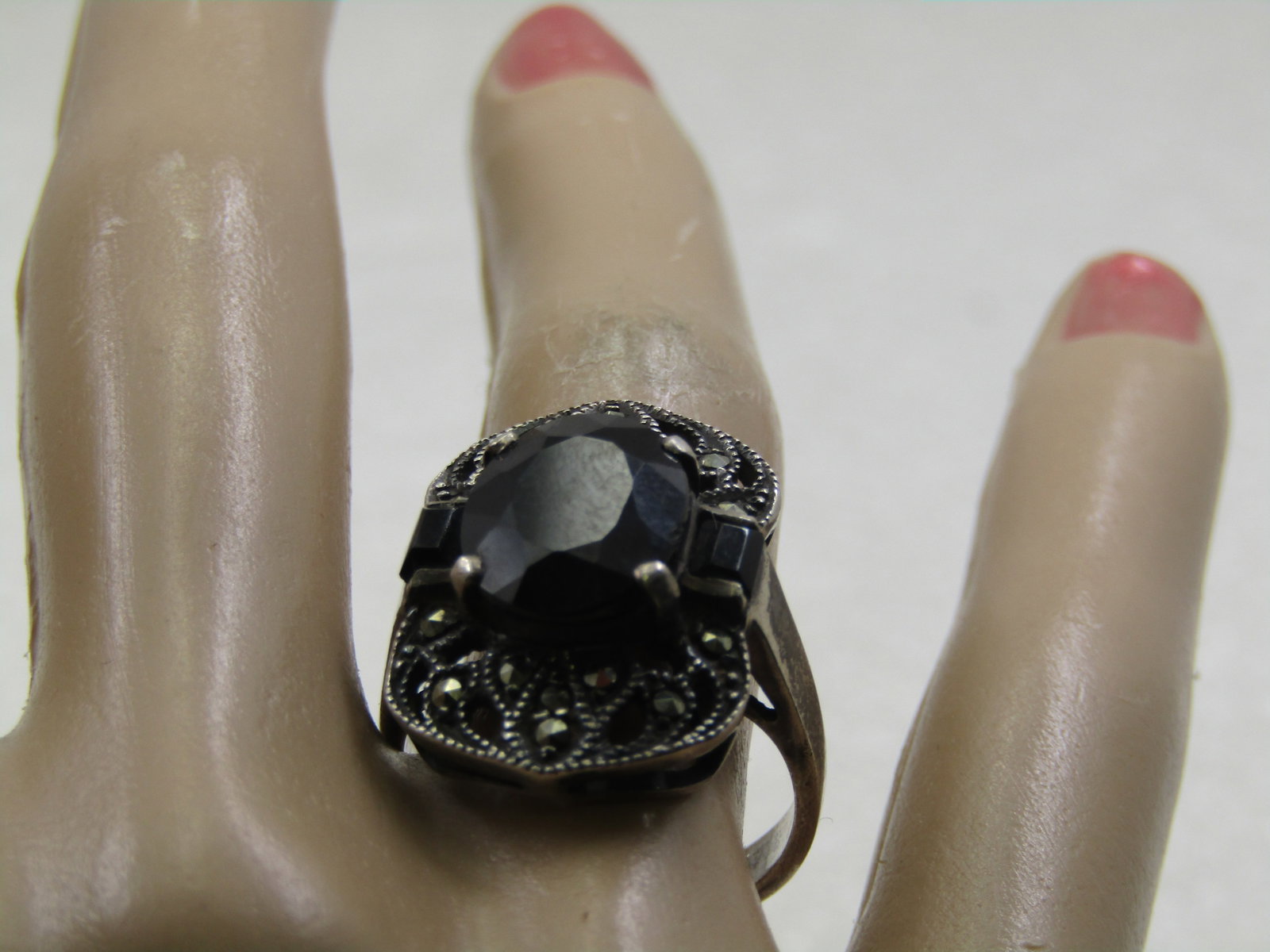 Vintage Sterling Marcasite & Onyx Ring. Sz. 8, Over 3 CTW - 6
