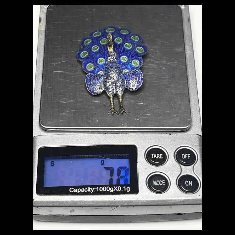 Vintage Sterling Silver and Enamel Articulated Peacock Brooch/PinSterling Silver and EnamelWeighs - 12