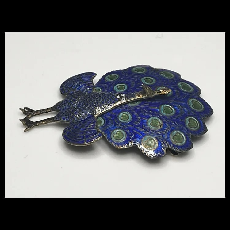 Vintage Sterling Silver and Enamel Articulated Peacock Brooch/PinSterling Silver and EnamelWeighs - 5