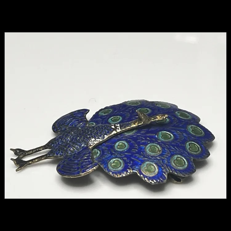 Vintage Sterling Silver and Enamel Articulated Peacock Brooch/PinSterling Silver and EnamelWeighs - 6