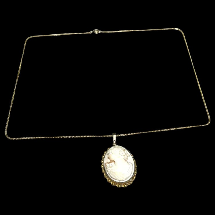 Vintage AMCO Shell Cameo Opening Locket Necklace: Vintage AMCO Shell Cameo Opening Locket Necklace Hallmarked: AMCO 1/20 10kWeighs: 8.6 gramsChain Measures: 18 inches lengthOpen back Cameo: 1.5 x 1 inch Vintage Hallmarked: AMCO 1/20 10k Weighs: 8.6 g