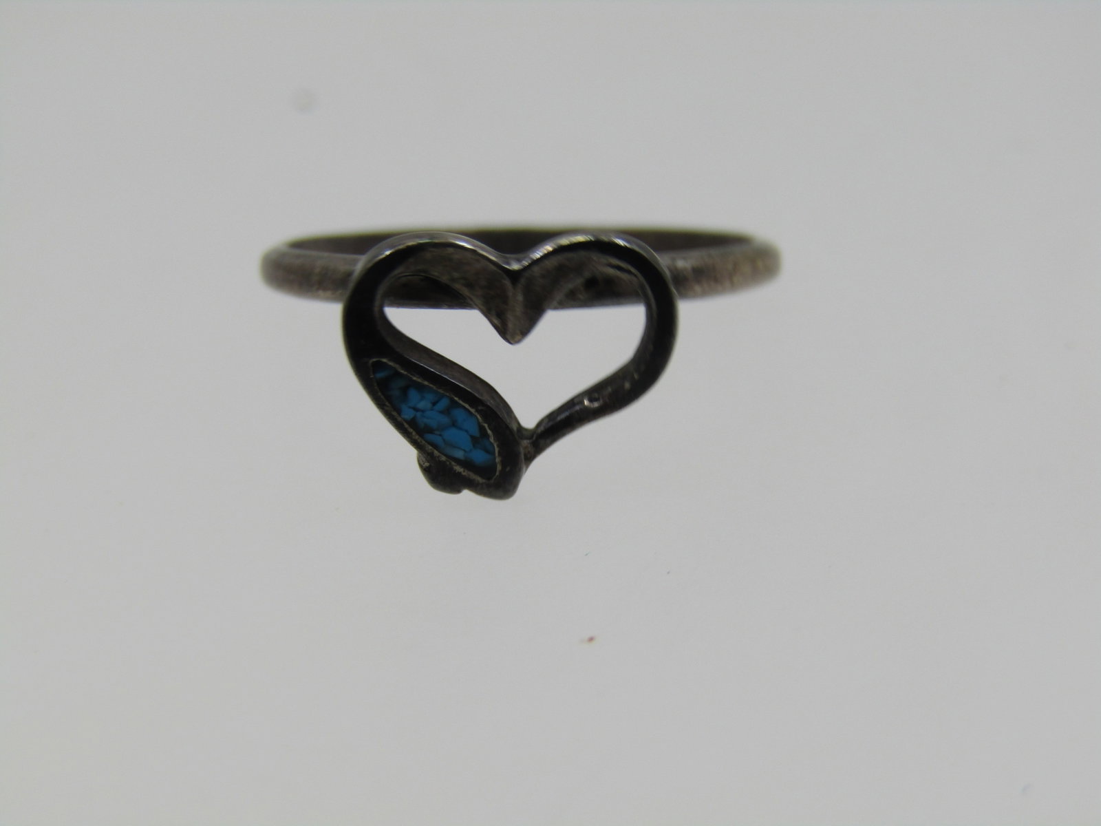 Vintage Southwestern Sterling Turquoise Chip Heart Ring, Sz. 3.5 - 4