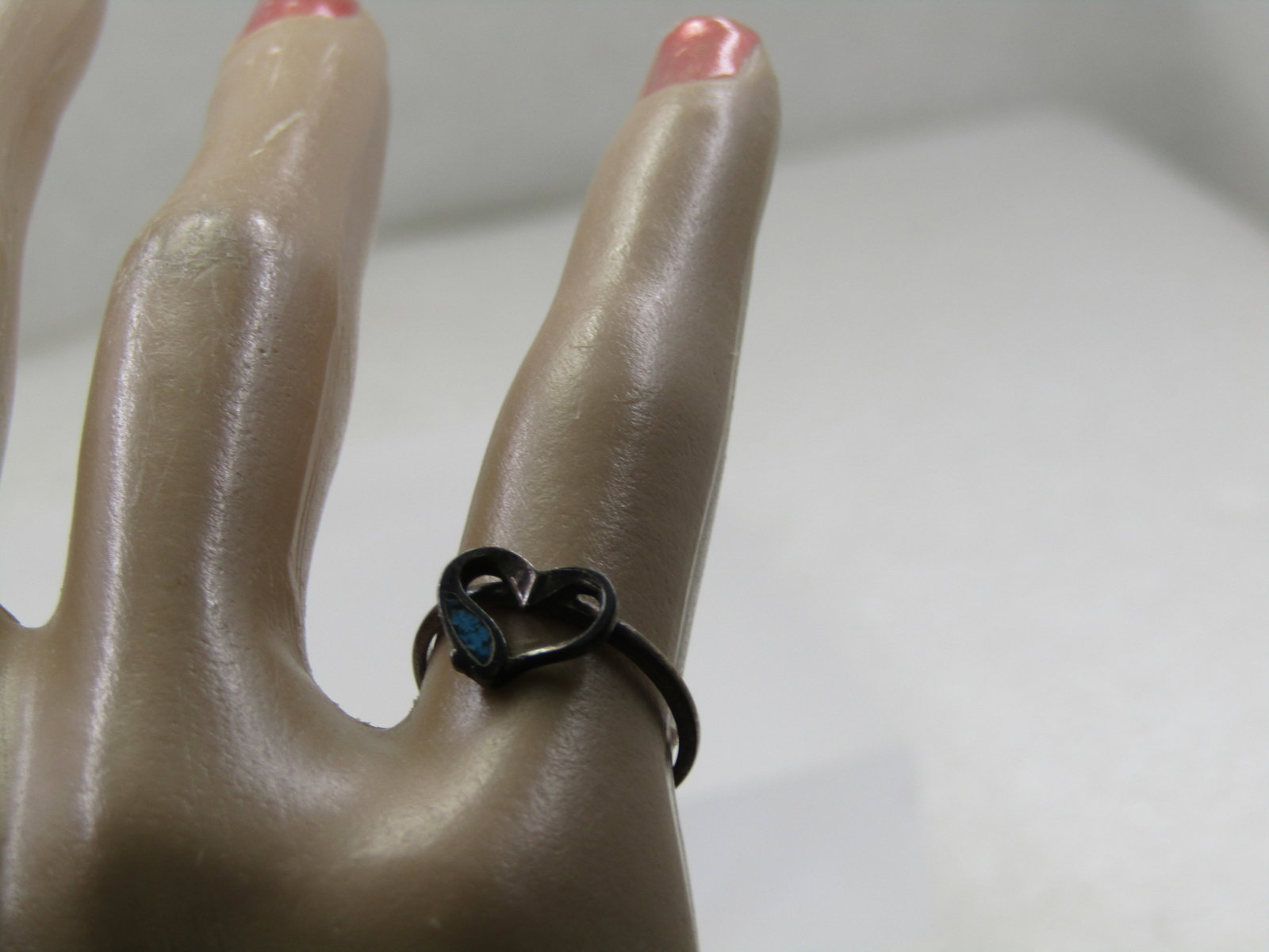 Vintage Southwestern Sterling Turquoise Chip Heart Ring, Sz. 3.5 - 7