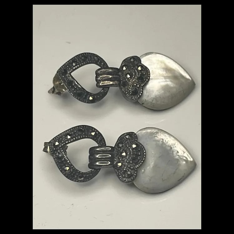 Vintage Sterling Silver Marcasite and Moonstone Heart EarringsSterling SilverWeighs 8.5 - 2