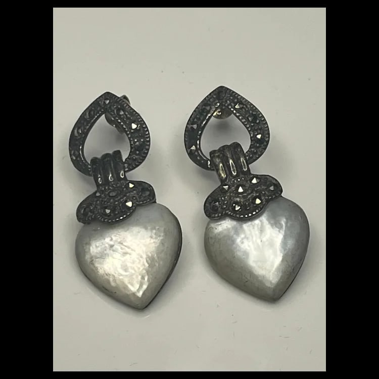 Vintage Sterling Silver Marcasite and Moonstone Heart EarringsSterling SilverWeighs 8.5 - 3