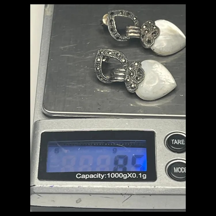 Vintage Sterling Silver Marcasite and Moonstone Heart EarringsSterling SilverWeighs 8.5 - 6
